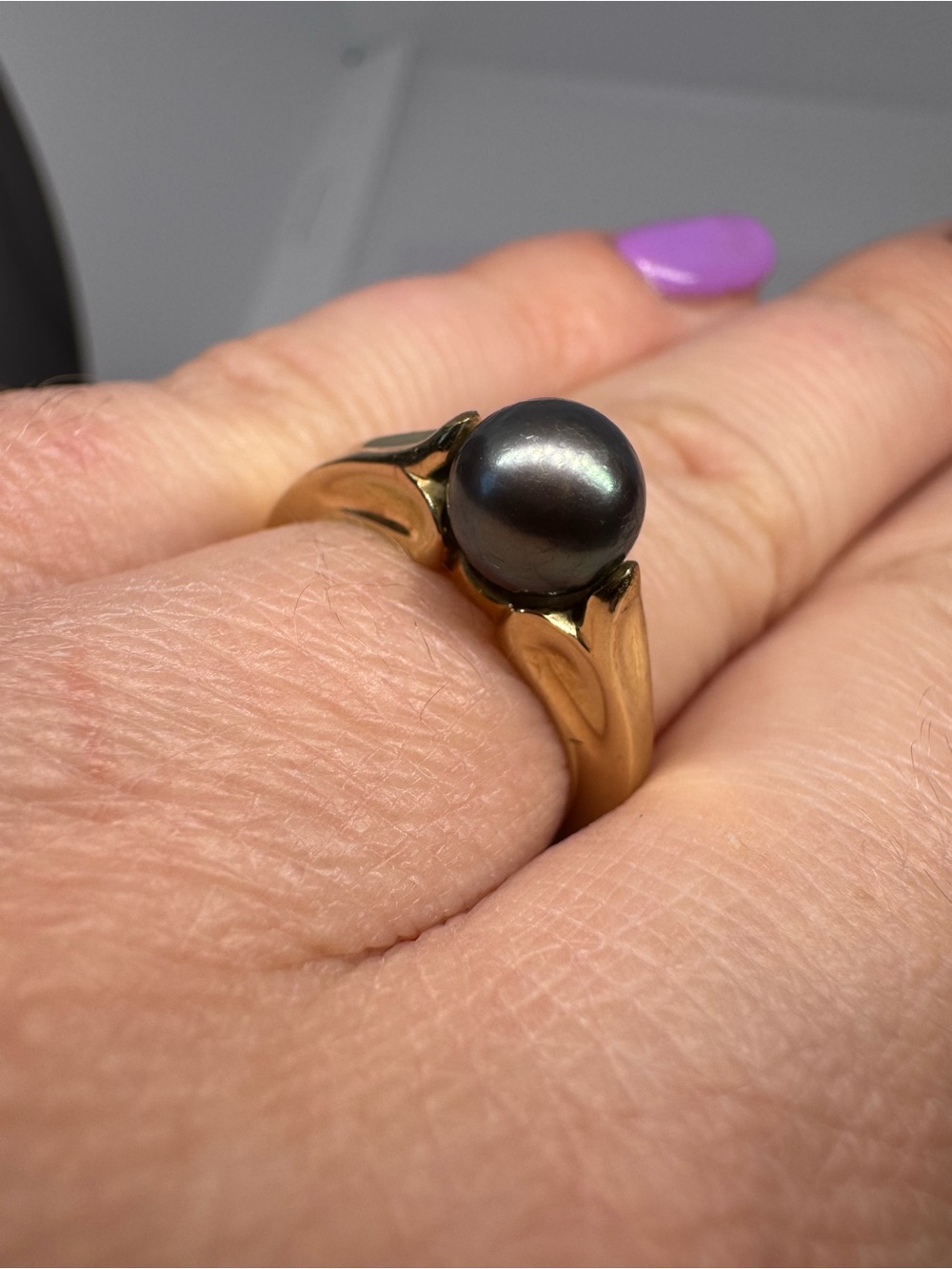 Vintage 585 14K Solid Yellow Gold Black Pearl Ring Size 6.5 | 4.6g - Picture 10 of 12